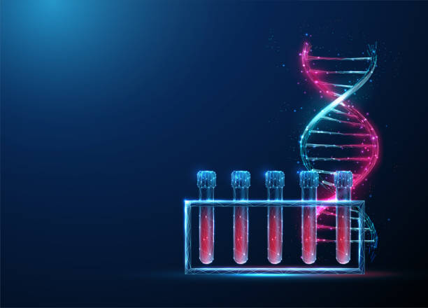 혈액 및 dna 분자 나선이 있는 의료 시험관 - chromosome biotechnology laboratory tube stock illustrations