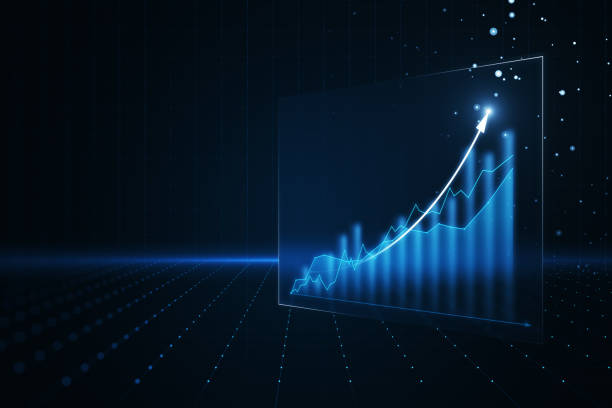 istock Abstract growing blue business chart with arrow on dark grid wallpaper. Business development to success and plan concept. 3D Rendering. 1481733135