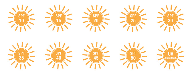 Set of flat SPF sun protection icons isolated on white background. Icons for sunscreen products or other skin cosmetics. Vector flat illustration