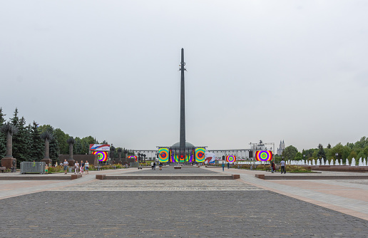 Russia Moscow August 20, 2022 view of the Victory Monument on Poklonnaya Hill, photo taken on a cloudy day