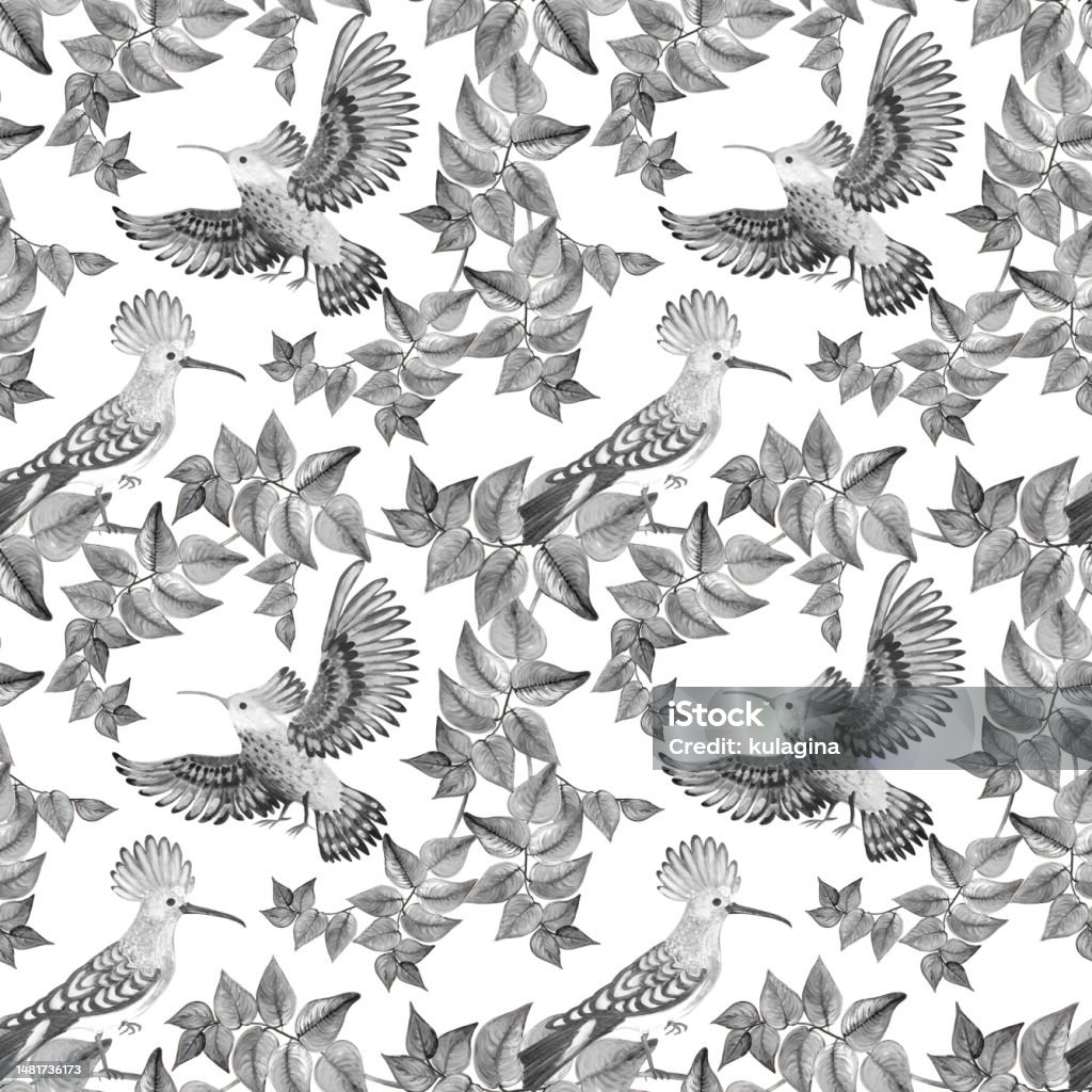 Abstract Hoopoe Seamless Pattern In Gray Color With Painted Birds Stock Illustration ...