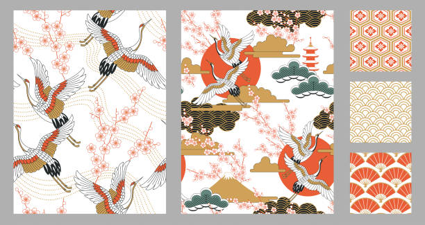 set aus nahtlosen mustern im japanischen stil mit landschaften, orientalischen kirschblüten, kranichen und fächern. vektor-illustration. - tree bird flower pattern stock-grafiken, -clipart, -cartoons und -symbole