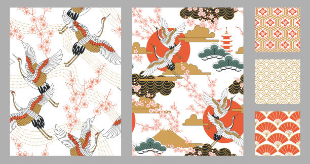 zestaw bezszwowych wzorów w stylu japońskim z krajobrazami, orientalnymi kwiatami wiśni, żurawiami i wachlarzami. ilustracja wektorowa. - traditional style stock illustrations