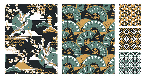 Set of seamless Japanese-style patterns with landscapes, oriental cherry flowers, cranes, fans and pagodas. Vector illustration.