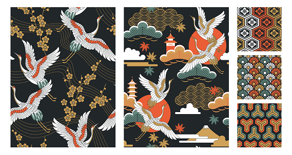 Set of seamless Japanese-style patterns with autumn landscapes, oriental cherry flowers, cranes and maple leaves. Vector illustration.