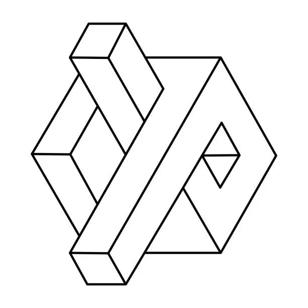Vector illustration of Optical illusion cube, unreal geometric object vector. Impossible figure. Sacred geometry shapes.