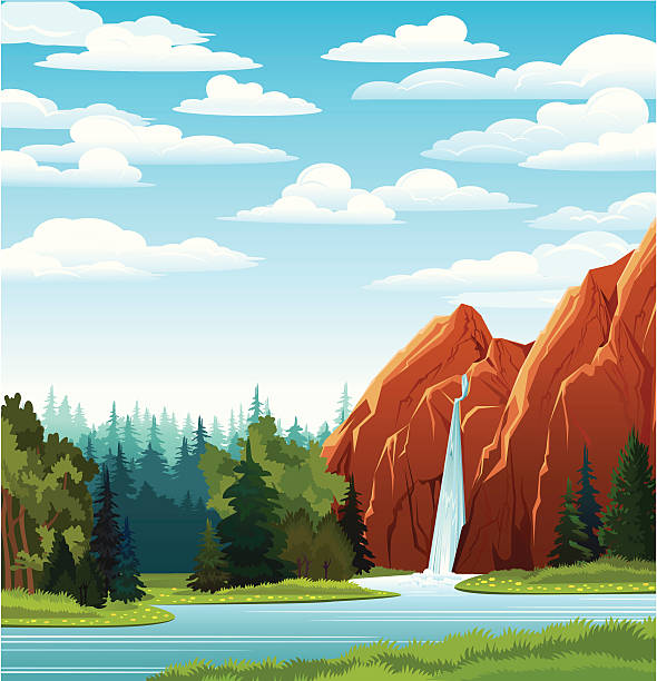 ilustrações de stock, clip art, desenhos animados e ícones de paisagem de verão com floresta e nuvens, de - natural phenomenon waterfall rock tranquil scene