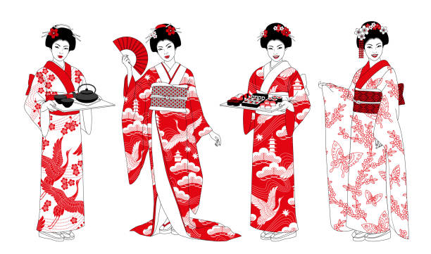 istock Japanese waitresses in kimono. Tea ceremony. Vector illustration set. 1481738900