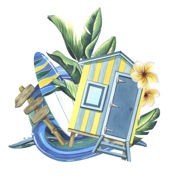пляжный домик полосатый сине-желтый, доска для серфинга, дорожный знак, тропические листья, цветы франжипани и морская волна. акварельная и� - hut island beach hut tourist resort stock illustrations