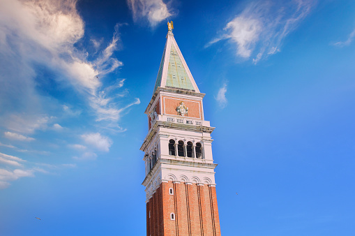 A view looking up at the St Mark's Campanile Venice