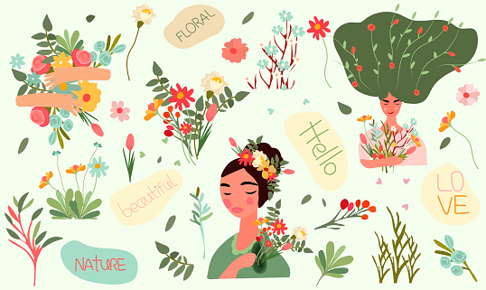 A charming woman with a floral wreath on her head and a bouquet of flowers in her hand. Vector illustration is ideal for Mothers Day cards, birthdays, banners, posters, etc. Vector illustration