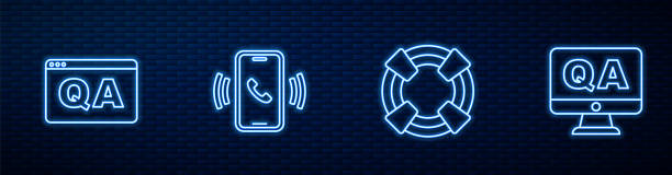 istock Set line Lifebuoy, Question and Answer, Telephone 24 hours support and . Glowing neon icon on brick wall. Vector 1481741398