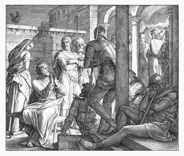 petrus menyangkal yesus (lukas 22, 60-61), ukiran kayu, diterbitkan pada tahun 1860 - maundy-thursday ilustrasi stok
