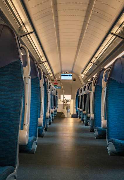 istock Interior of modern electric train in Slovenia with blue comfortable seats 1481743373