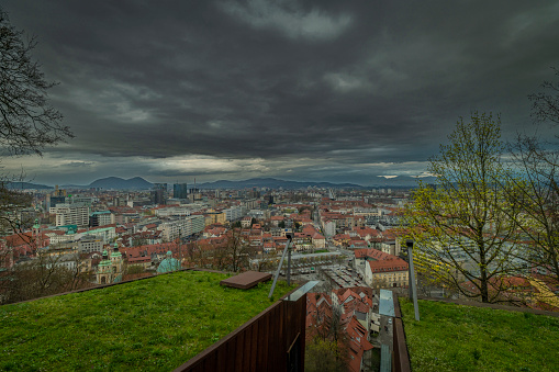 Spring cloudy evening view for main old square in Ljubljana 03 31 2023