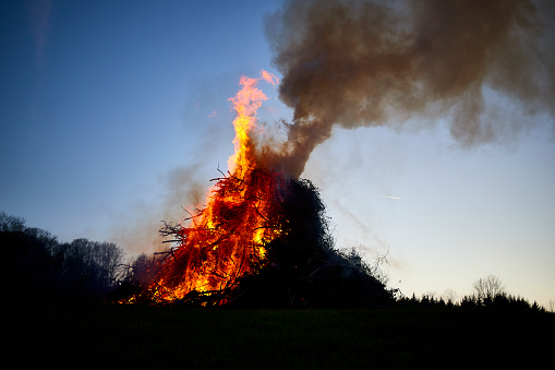 big campfire near a forest, easter bonfire
