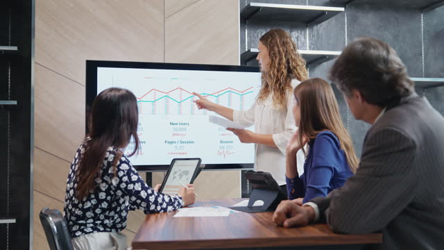 Businesswoman Holds Meeting Presentation for a Team of Analytics