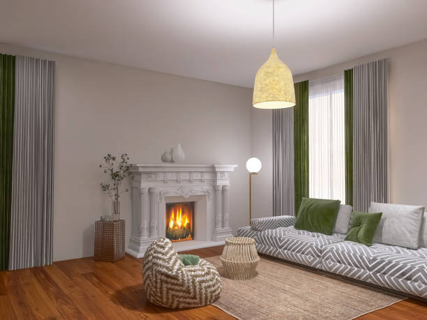 istock Living room interior with fireplace, 3d render, 3d illustration 1481749789