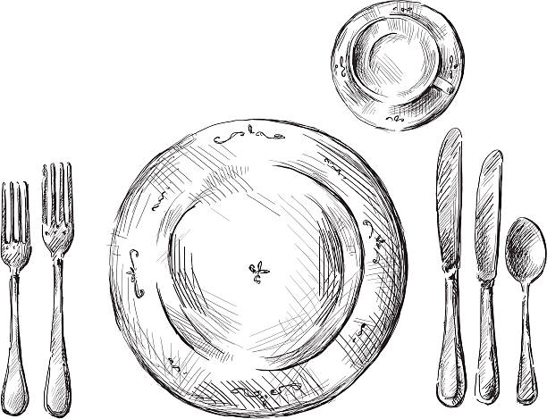 ilustrações, clipart, desenhos animados e ícones de messa arrumada ilustração em vetor - fork place setting silverware plate