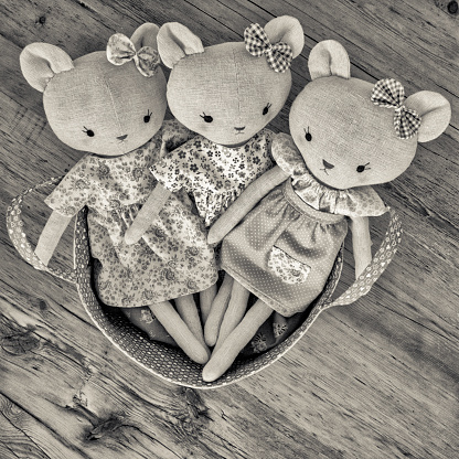 A basket on a country cottage rustic table containing three home made teddy bears