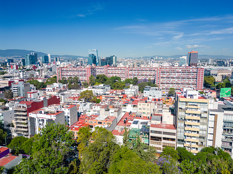 Del Valle neighborhood cityscape, Mexico City, view towards west.