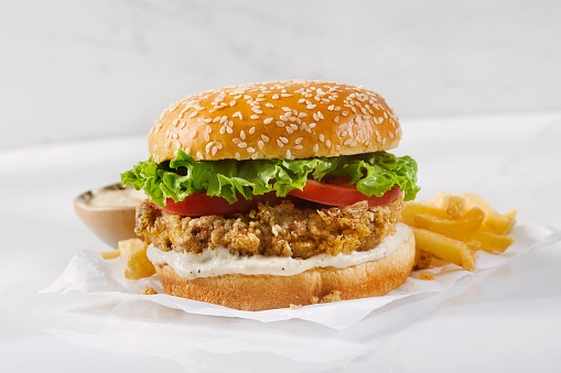 Copycat Chicken Fried Steak Burger with Country Style Gravy, Lettuce, Tomato and Fries