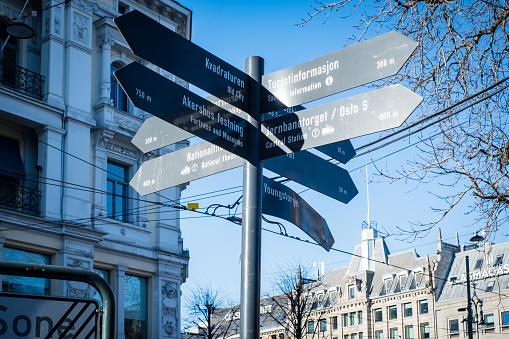 Oslo, Norway - March 11, 2023: Tourist information sign post with arrows directing.