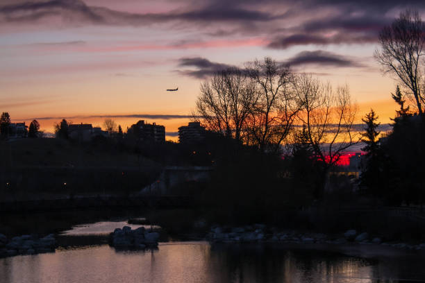 istock Airplane flying over Prince’s Island Park during sunrise 1481756930