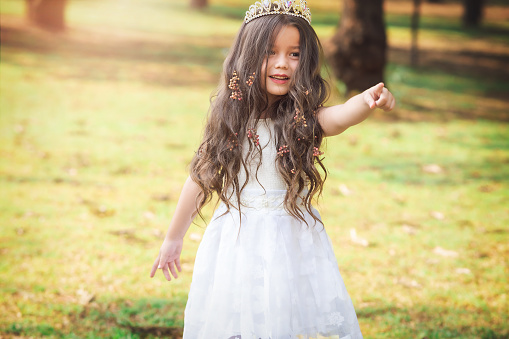 Little girl in white dress and princess crown, she poses for the camera with a beautiful look, copy space, children's day theme.