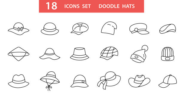 Hat types doodle line icons set. Hand drawn hats Hat types doodle icons set. Hand drawn different hats isolated. Fashion elegant element trendy collection. Thin line vector illustration. Panama, bucket, boater, trilby, beanie, beret, baseball cap. bucket hat stock illustrations