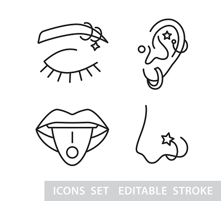 Piercing studio logo templates set. Pierced Ear, eyebrow, nose, tongue. Minimal Vector illustration logotype. Thin line icon element. Small business identity. Cool earrings jewelry shop emblem.