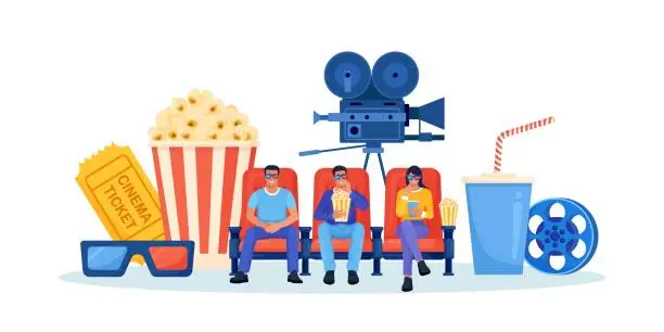 Vector illustration of Online cinema art movie. Happy friends sitting, watching 3d motion picture. Comfortable armchairs for watching film. Popcorn, soda drinks, clapperboard, filmstrip. Auditorium, seats in movies theater