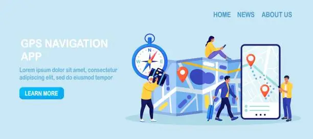 Vector illustration of Smartphone with Navigator App Showing Route, Geolocation, Point Location on Map. GPS Navigation. People Planning Tour, Searching Route, Choosing Travel Destination. Compass, Electronic Map with Geotag