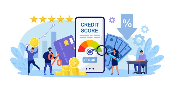 Credit score, rating. People examining client creditworthiness report with credit history . Bank analysts evaluating ability of prospective debtor to pay debt. Payment history data meter. Loan mortage