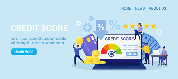 Credit score, rating. People examining client creditworthiness report with credit history . Bank analysts evaluating ability of prospective debtor to pay debt. Payment history data meter. Loan mortage