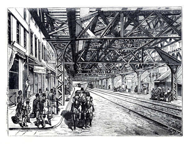 ilustraciones, imágenes clip art, dibujos animados e iconos de stock de ferrocarril elevado en bowery en la ciudad de nueva york 1880 - puente de la tercera avenida