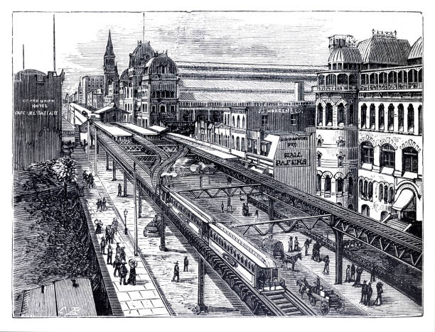 hochbahn am grand central terminal hudson station in new york city, 1880 - lokführer stock-grafiken, -clipart, -cartoons und -symbole