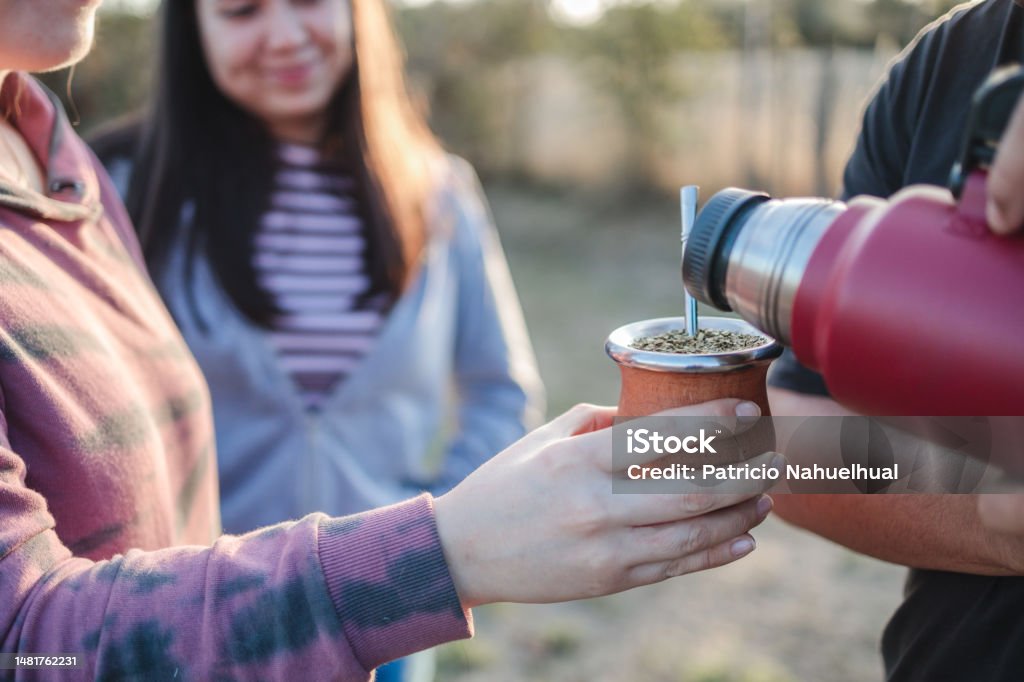 Close Up Of Smiling Friends Drinking Yerba Mate Using A Thermos With Hot  Water In The Countryside At Sunset Stock Photo - Download Image Now - iStock