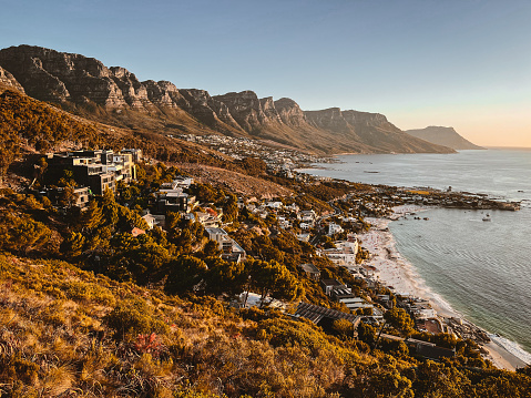 Beautiful View of Table Mountain and Clifton Beaches in Cape Town, South Africa, during sunset