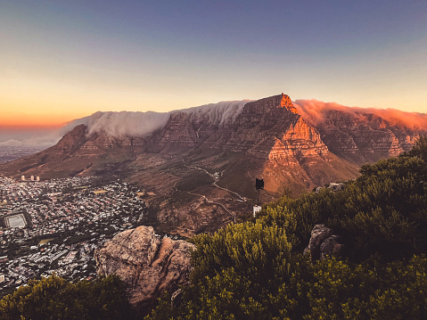 Beautiful Table Mountain with Tablecloth during Sunset, Cape Town, South Africa