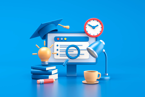 Illustration of computer, light bulb, stack of books, table lamp, cup, pencil, watch, graduate's hat, web page, magnifying glass. 3d illustration