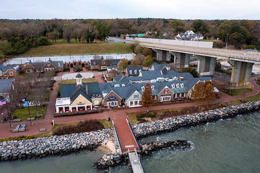 Yorktown Virginia - November 20 2022: Aerial View of Businesses on the Waterfront in Yorktown Virginia