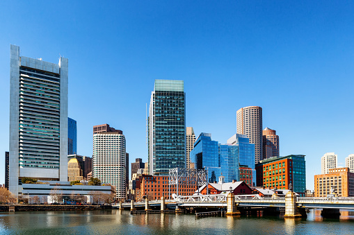 View across the Fort Point Channel of downtown Boston waterfront. The Fort Point Channel is a maritime channel separating South Boston from downtown Boston, feeding into Boston Harbor. Crossing the Channel is the Congress Street bridge.