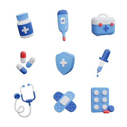 Medical set icons. 3D render icons isolated white background.