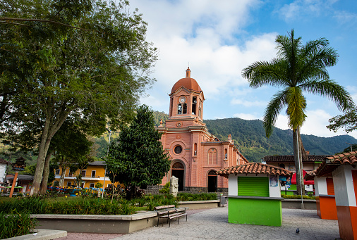 Pueblorrico, Antioquia - Colombia - April 05, 2023. Saint Anthony of Padua Church, located in the central park of the municipality