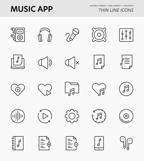 Vector illustration of Music App Editable Stroke Icons