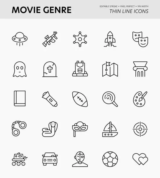 Vector illustration of Movie Genre Editable Stroke Icons
