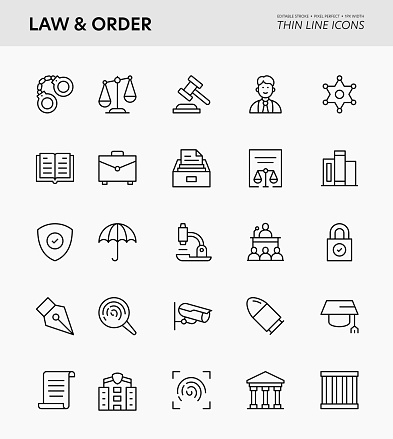 Law And Order Editable Stroke Thin Line Icons
