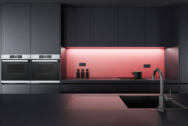 istock Black Modern minimalist kitchen with long island with stools. Dark materials. 1481785953
