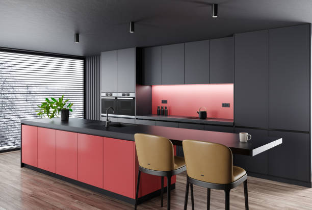 istock Black Modern minimalist kitchen with long island with stools. Dark materials. 1481785956